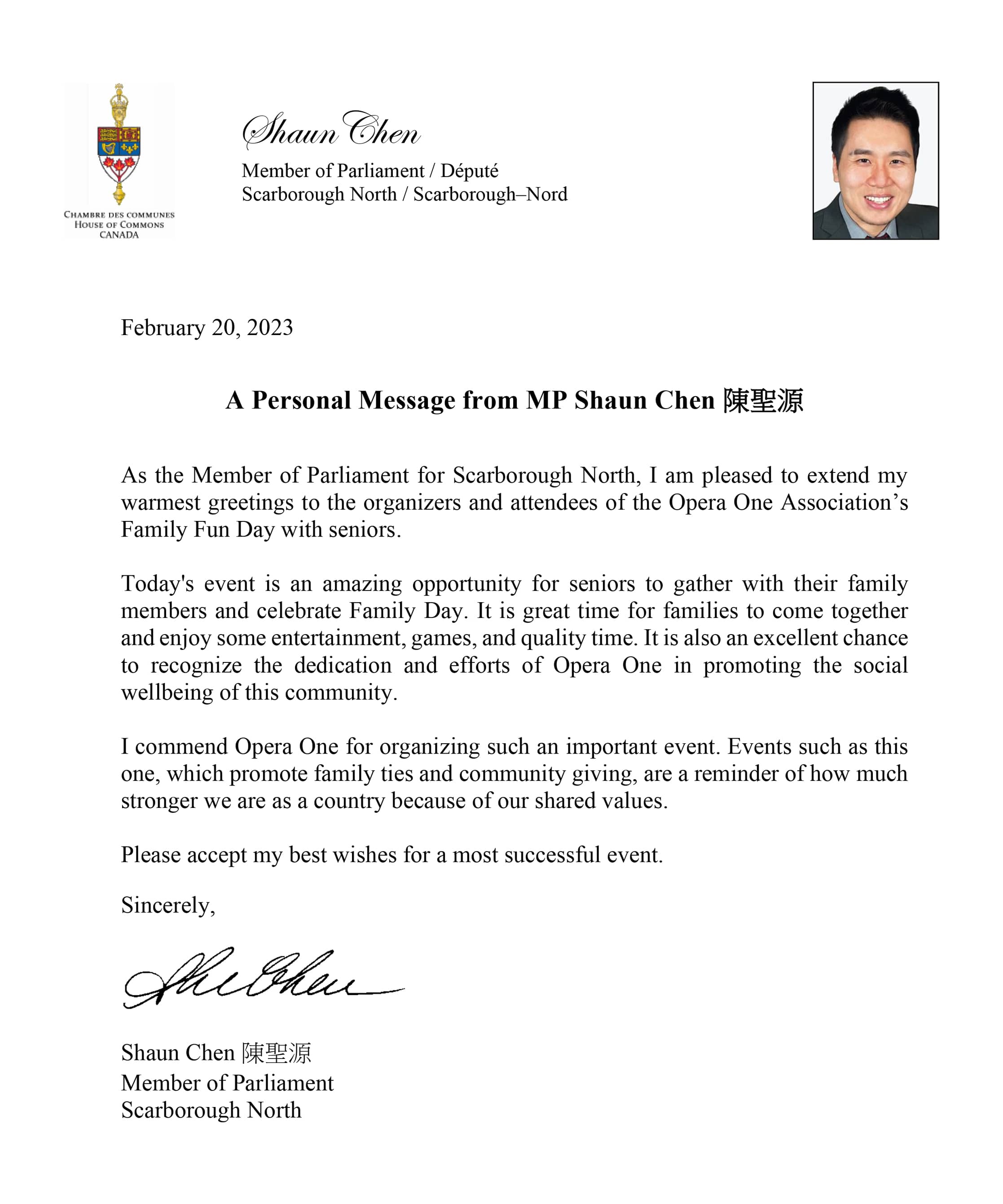 Letter of Greeting from MP Shaun Chen